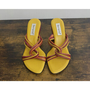 Bernardo Wedge Sandals Womens Sz 7M Pink Yellow Leather Slip On Strappy Open Toe